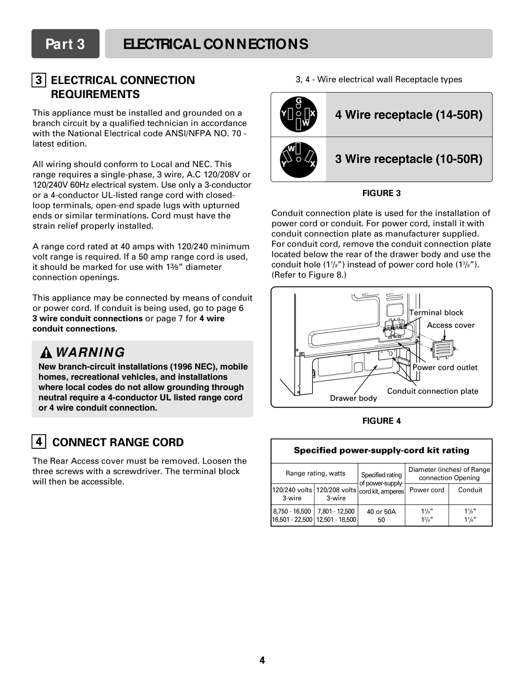 LG Electronics LRE30755S, LRE30451S Part 3 Electrical Connections, Electrical Connection Requirements, Connect Range Cord 