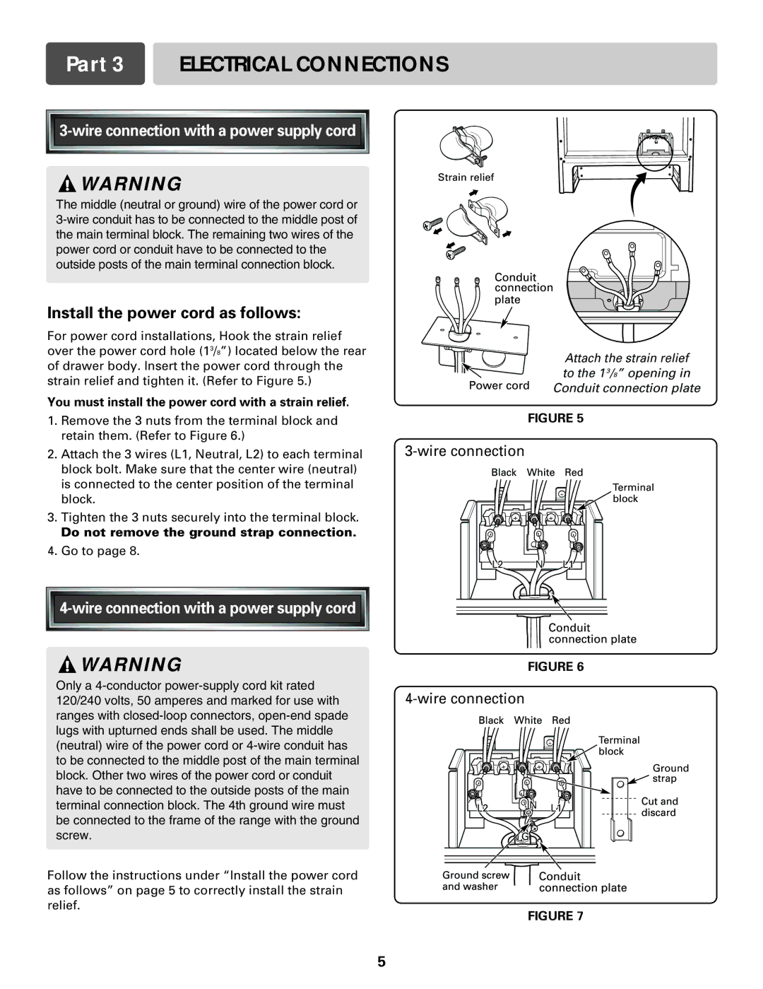 LG Electronics LRE30451S, LRE30755S Wire connection with a power supply cord, Install the power cord as follows 