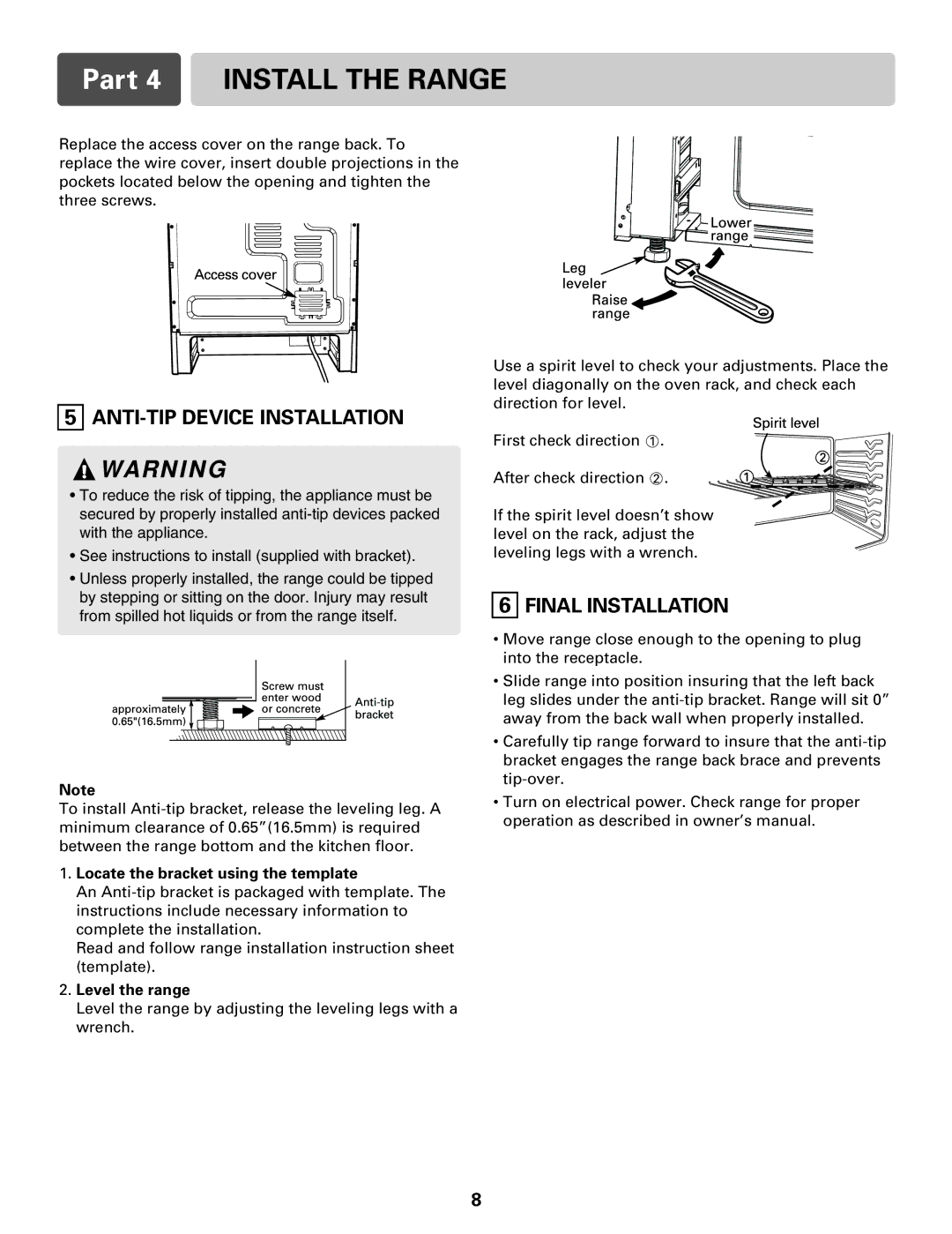 LG Electronics LRE30755S Part 4 Install the Range, ANTI-TIP Device Installation, Final Installation, Level the range 