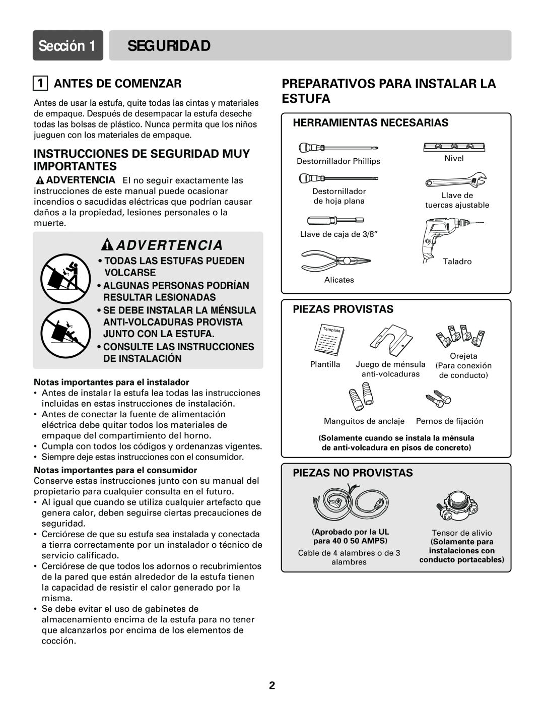 LG Electronics LRE30755S Sección, Advertencia, Preparativos Para Instalar La Estufa, Antes De Comenzar, Piezas Provistas 