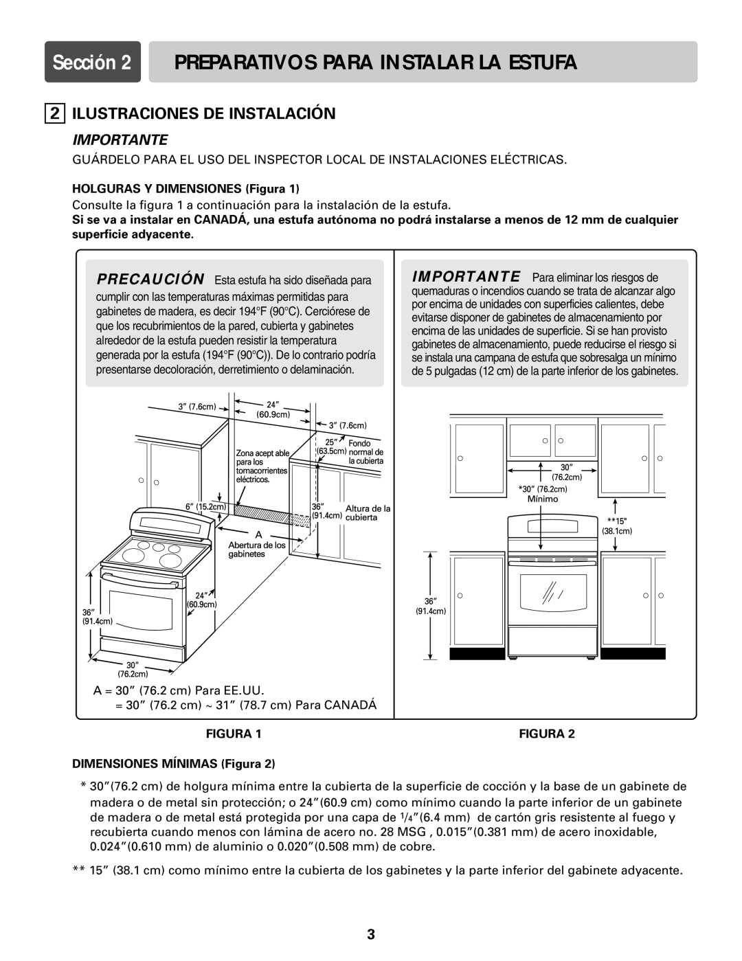 LG Electronics LRE30451S Sección 2 PREPARATIVOS PARA INSTALAR LA ESTUFA, Ilustraciones De Instalación, Figura, Importante 