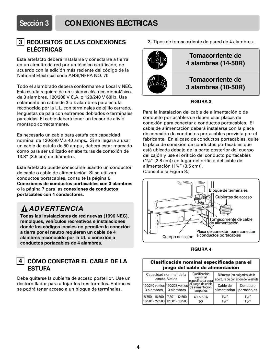 LG Electronics LRE30755S Sección 3 CONEXIONES ELÉCTRICAS, Requisitos De Las Conexiones Eléctricas, Advertencia, Figura 