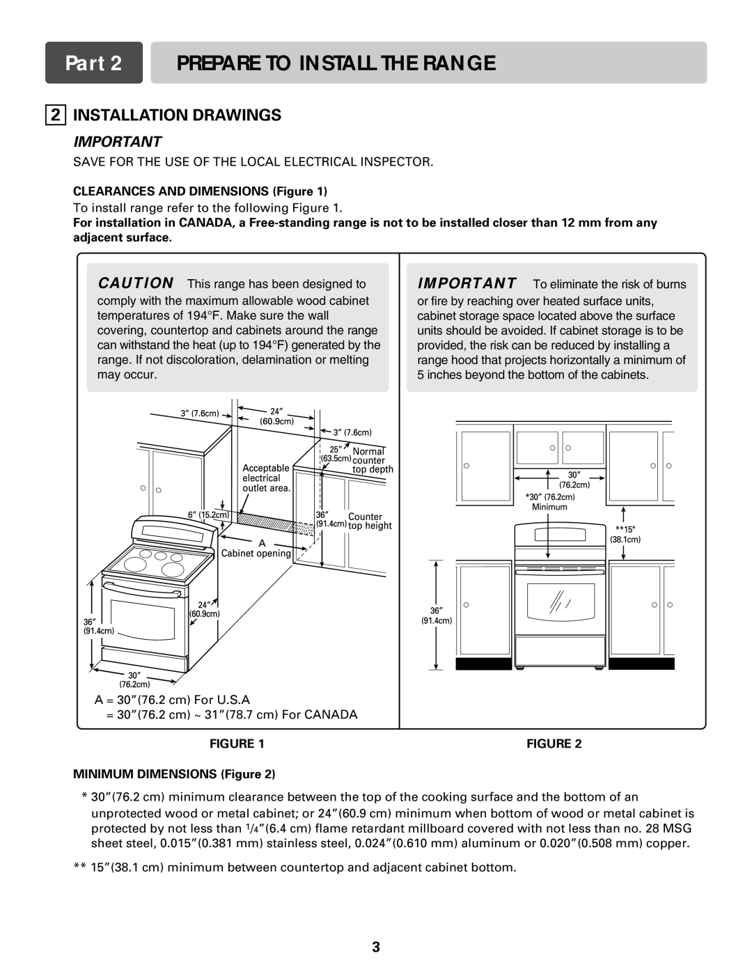 LG Electronics LRE30451S Part 2 PREPARE TO INSTALL THE RANGE, Installation Drawings, CLEARANCES AND DIMENSIONS Figure 