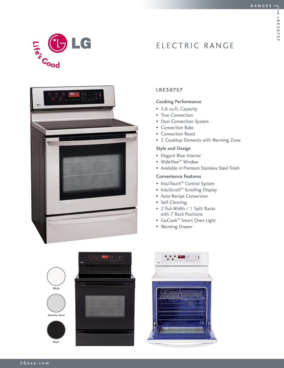 LG Electronics LRE30757 manual L R E, E L E C T R I C R A N G E, Cooking Performance, Style and Design 