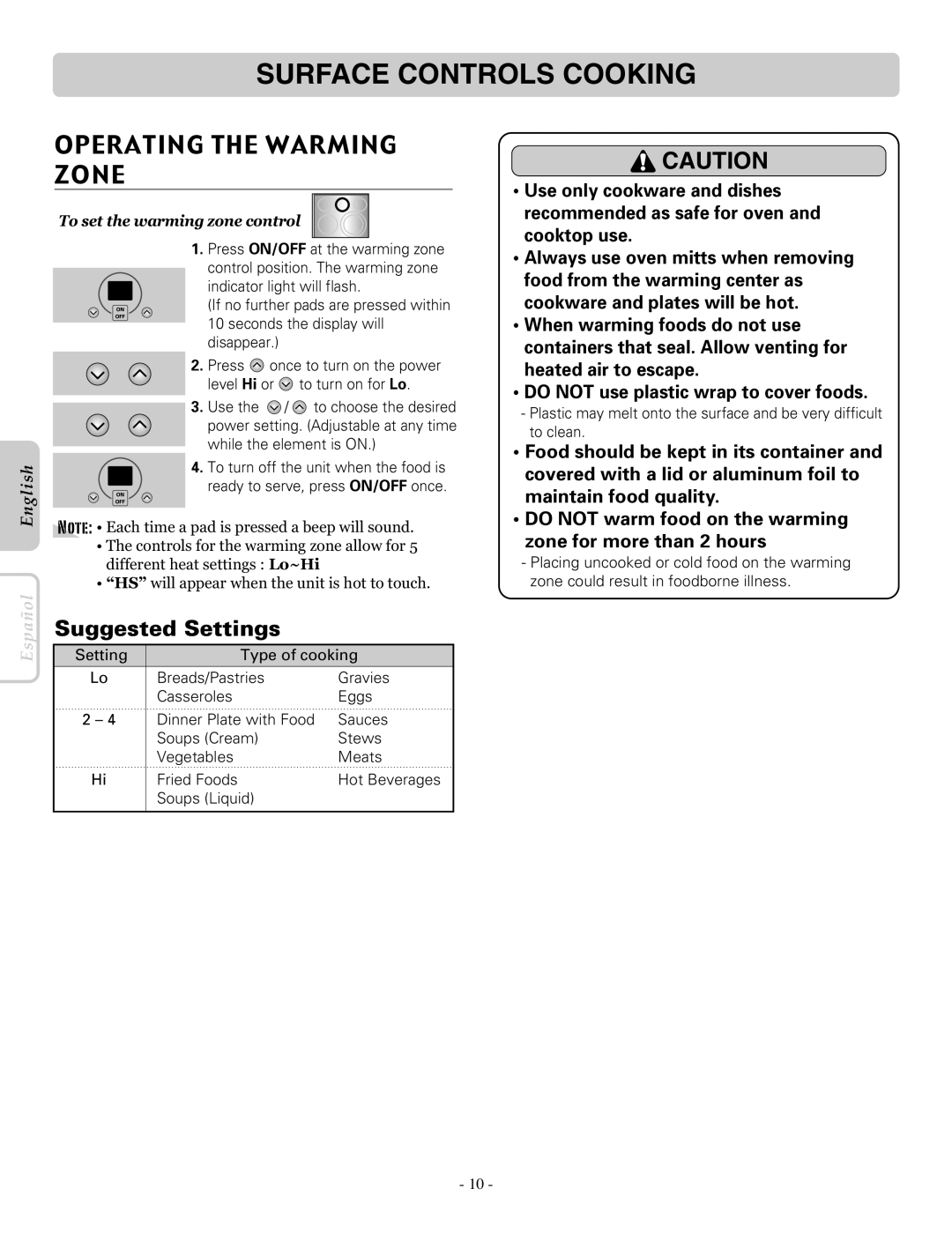 LG Electronics LRE30757ST, LRE30757SW Operating the Warming Zone, Suggested Settings, To set the warming zone control 