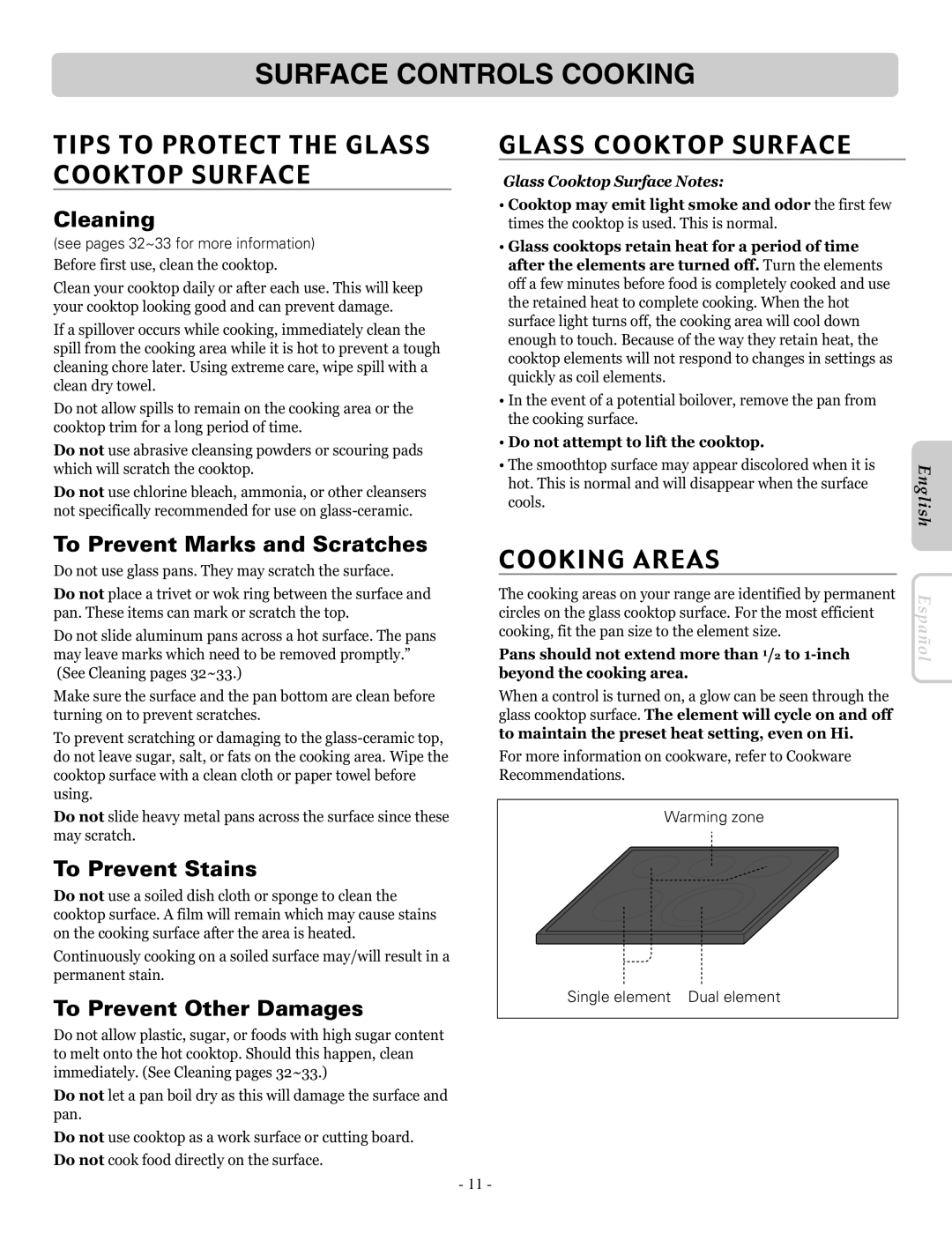 LG Electronics LRE30757SB, LRE30757SW, LRE30757ST owner manual Tips to Protect the Glass Cooktop Surface, Cooking Areas 