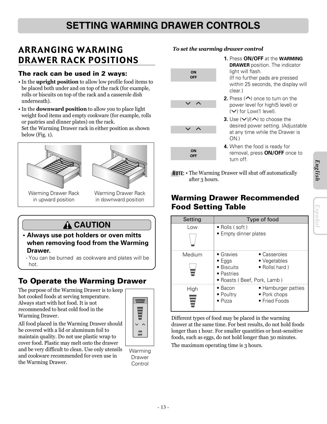 LG Electronics LRE30757ST, LRE30757SW, LRE30757SB Setting Warming Drawer Controls, Arranging Warming Drawer Rack Positions 