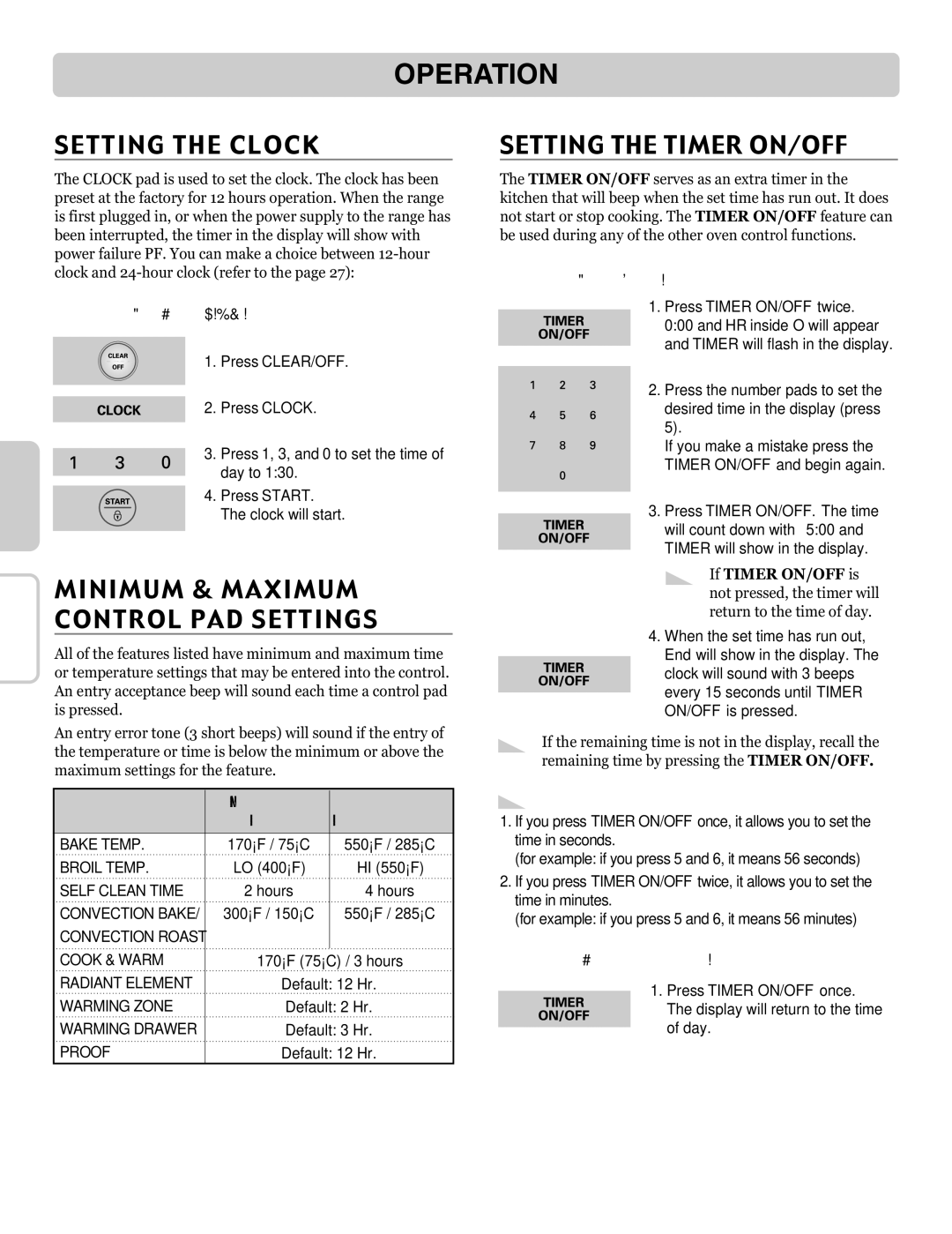 LG Electronics LRE30757ST Operation, Setting the Clock, Minimum & Maximum Control PAD Settings, Setting the Timer ON/OFF 