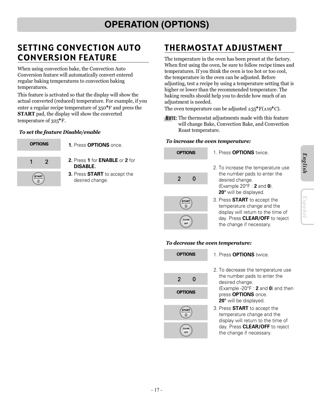 LG Electronics LRE30757SB, LRE30757SW Operation Options, Setting Convection Auto Conversion Feature, Thermostat Adjustment 