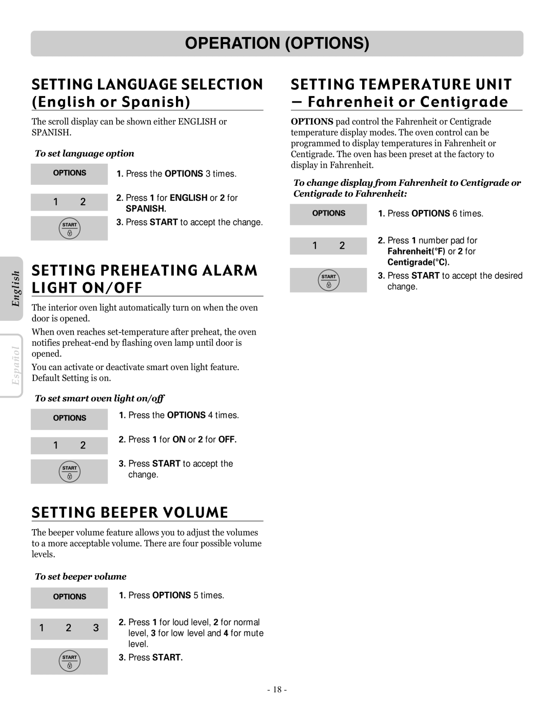 LG Electronics LRE30757SW Setting Preheating Alarm, Light ON/OFF, Setting Beeper Volume, Setting Temperature Unit 