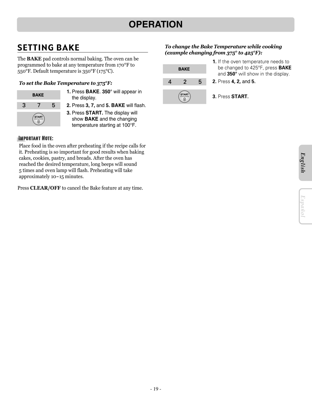 LG Electronics LRE30757ST, LRE30757SW Setting Bake, To set the Bake Temperature to 375F, Press 4, 2, Press Start 