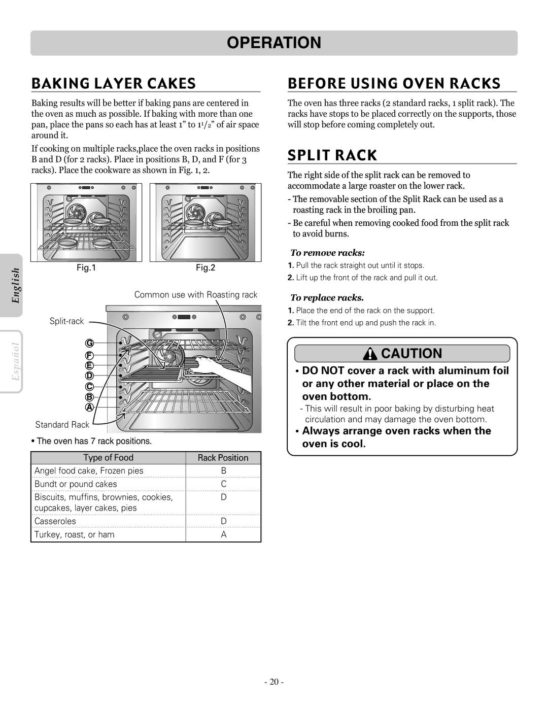 LG Electronics LRE30757SB Baking Layer Cakes, Before Using Oven Racks, Split Rack, To remove racks, To replace racks 