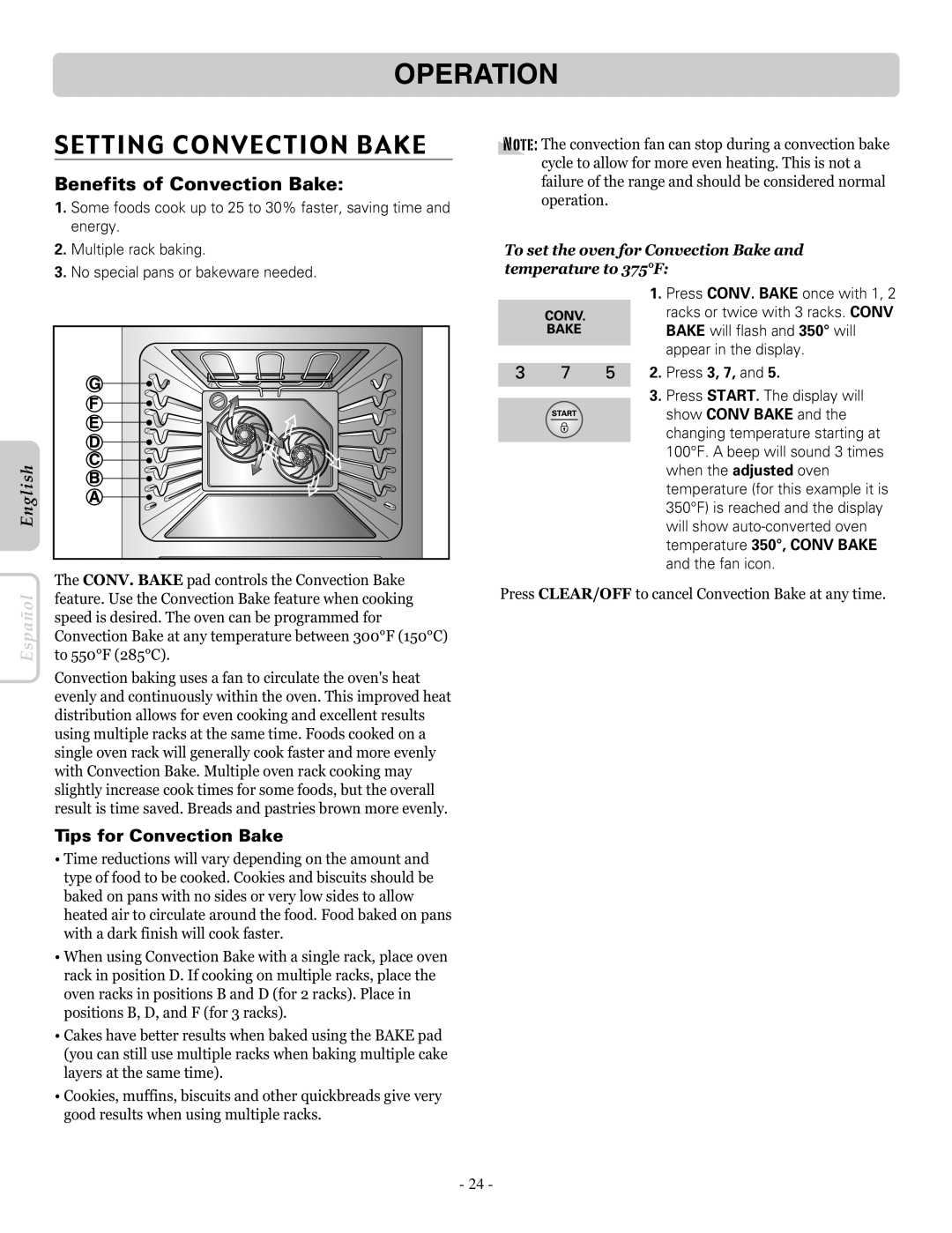 LG Electronics LRE30757SW, LRE30757ST, LRE30757SB Setting Convection Bake, Benefits of Convection Bake, Press 3, 7 