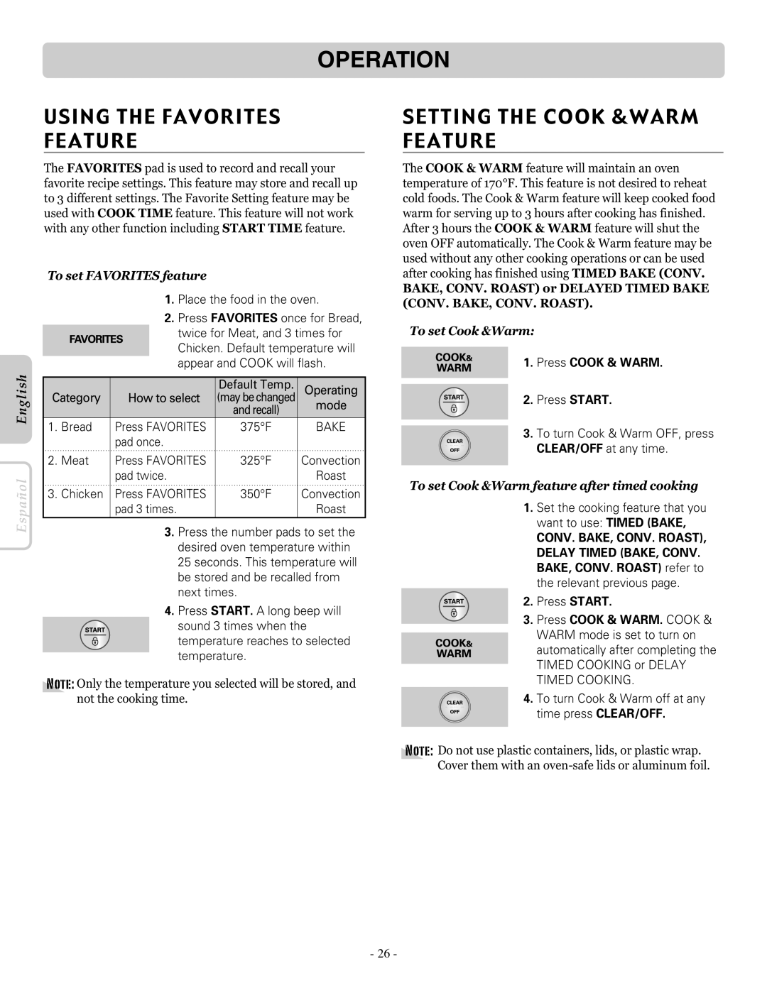 LG Electronics LRE30757SB Using the Favorites Feature, Setting the Cook &WARM Feature, To set Favorites feature 