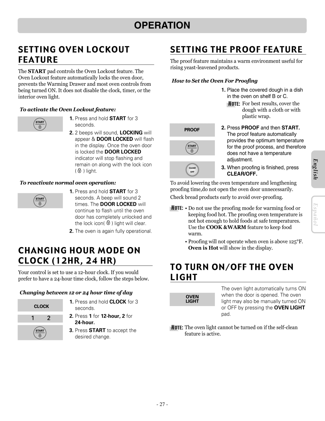 LG Electronics LRE30757SW Setting Oven Lockout Feature, Changing Hour Mode on Clock 12HR, 24 HR, Setting the Proof Feature 