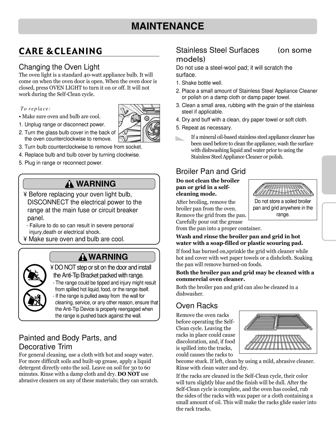 LG Electronics LRE30757ST, LRE30757SW, LRE30757SB owner manual Care &CLEANING 