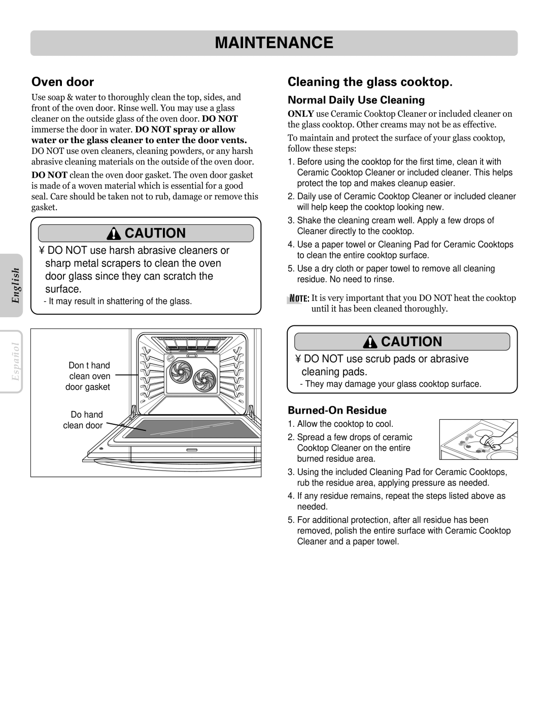 LG Electronics LRE30757SB Oven door, Cleaning the glass cooktop, Surface, Normal Daily Use Cleaning, Burned-On Residue 