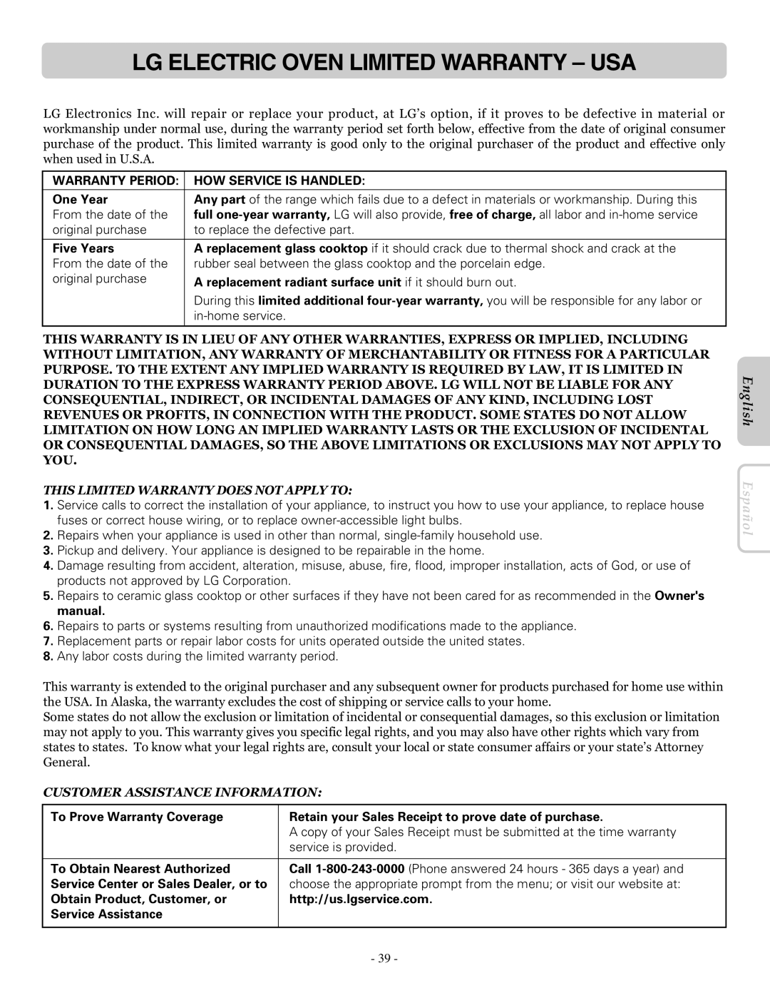 LG Electronics LRE30757SW, LRE30757ST, LRE30757SB owner manual LG Electric Oven Limited Warranty USA, One Year, Five Years 