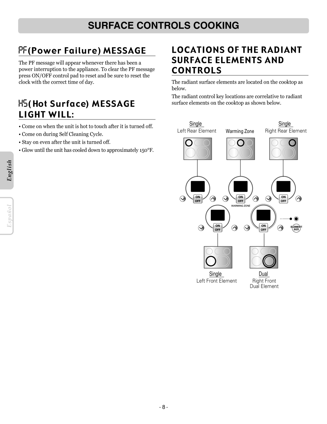 LG Electronics LRE30757SB, LRE30757SW Surface Controls Cooking, Locations of the Radiant Surface Elements and Controls 