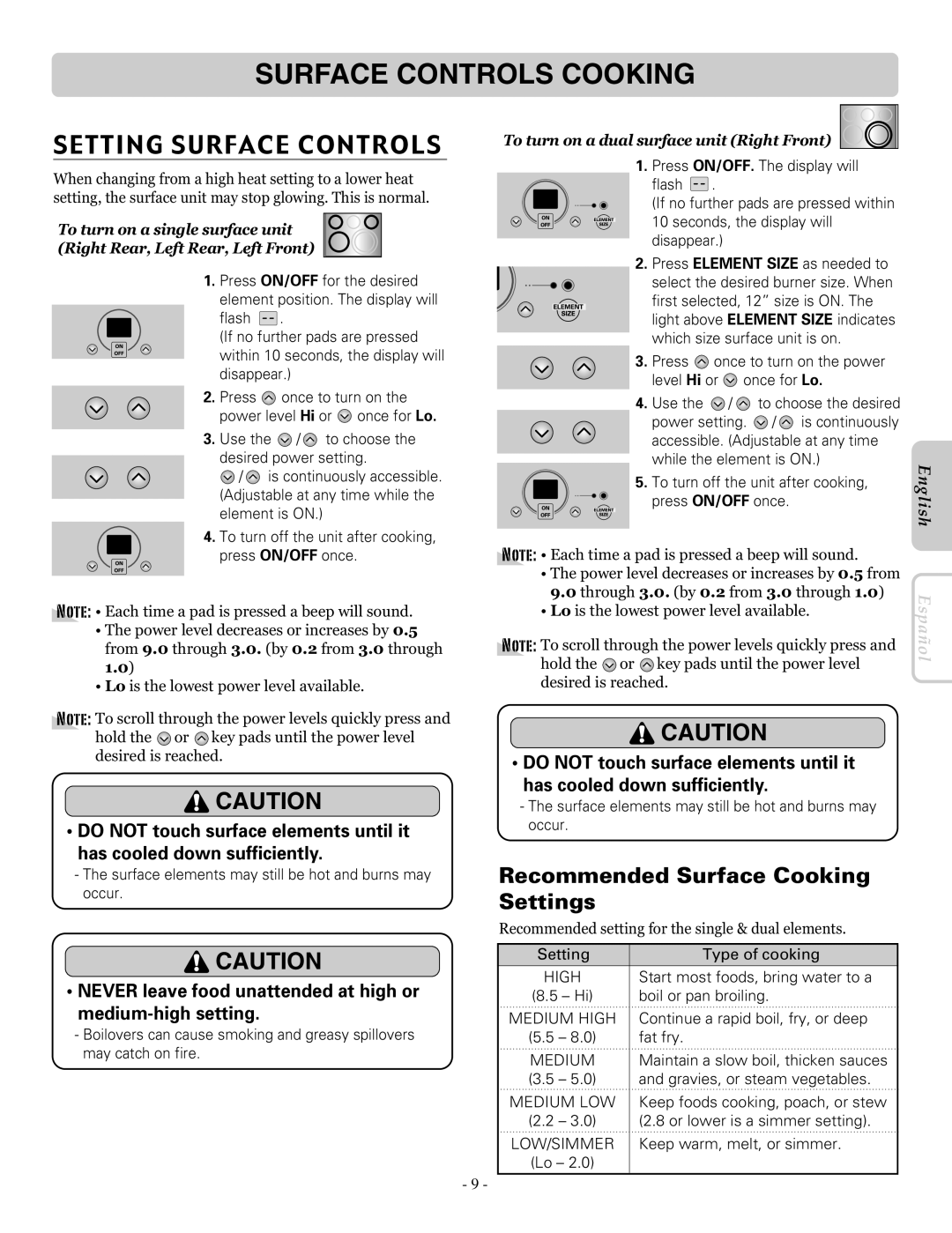 LG Electronics LRE30757SW, LRE30757ST, LRE30757SB owner manual Setting Surface Controls, Recommended Surface Cooking Settings 