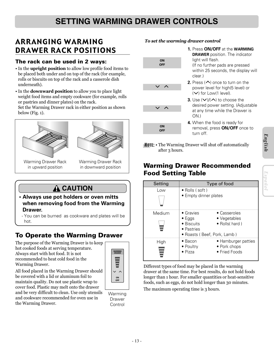 LG Electronics LRE30757ST Setting Warming Drawer Controls, Arranging Warming Drawer Rack Positions, English, Español 