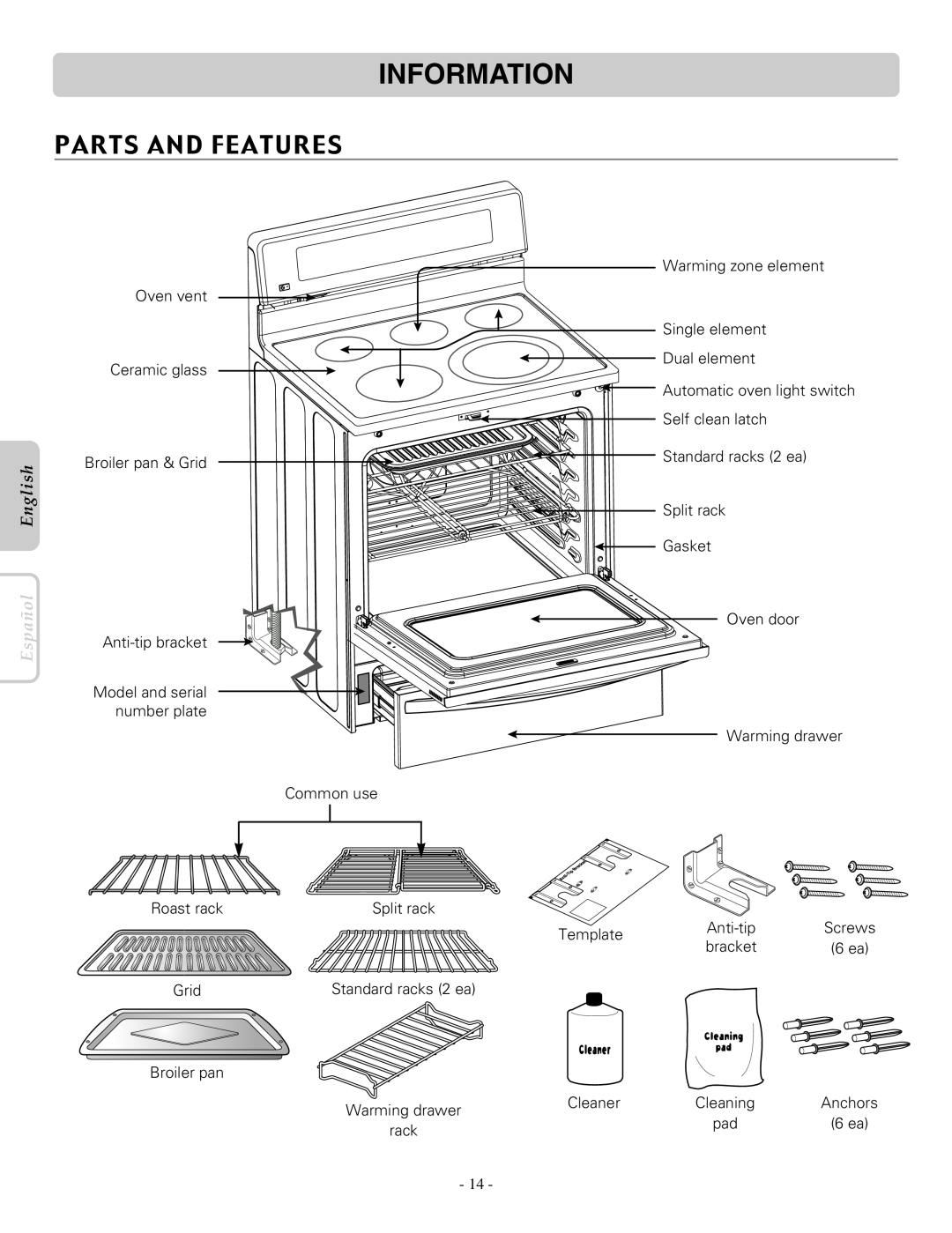 LG Electronics LRE30757SB, LRE30757SW, LRE30757ST owner manual Information, Parts And Features, English, Español 