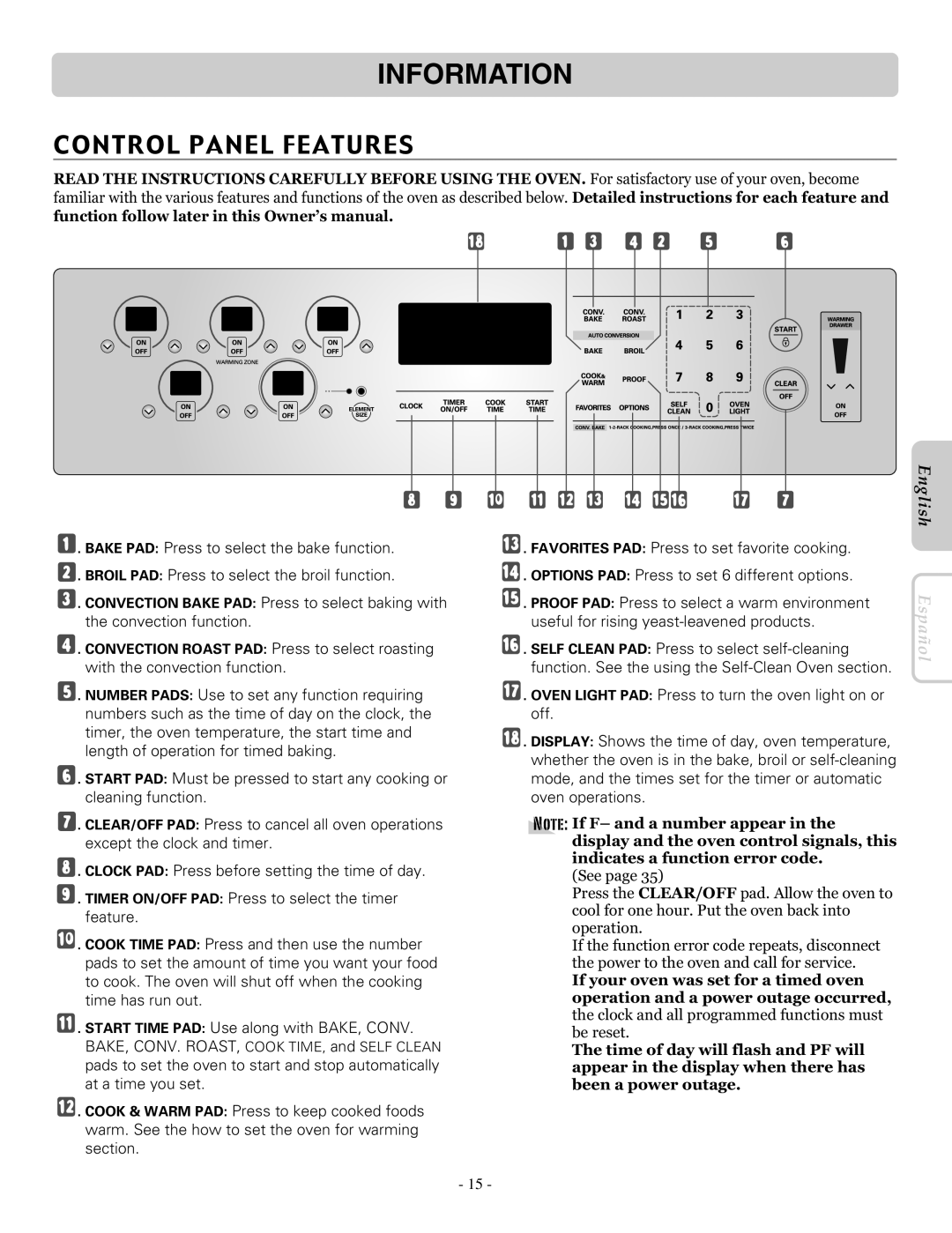 LG Electronics LRE30757SW, LRE30757ST, LRE30757SB owner manual Control Panel Features, Information, English, Español 