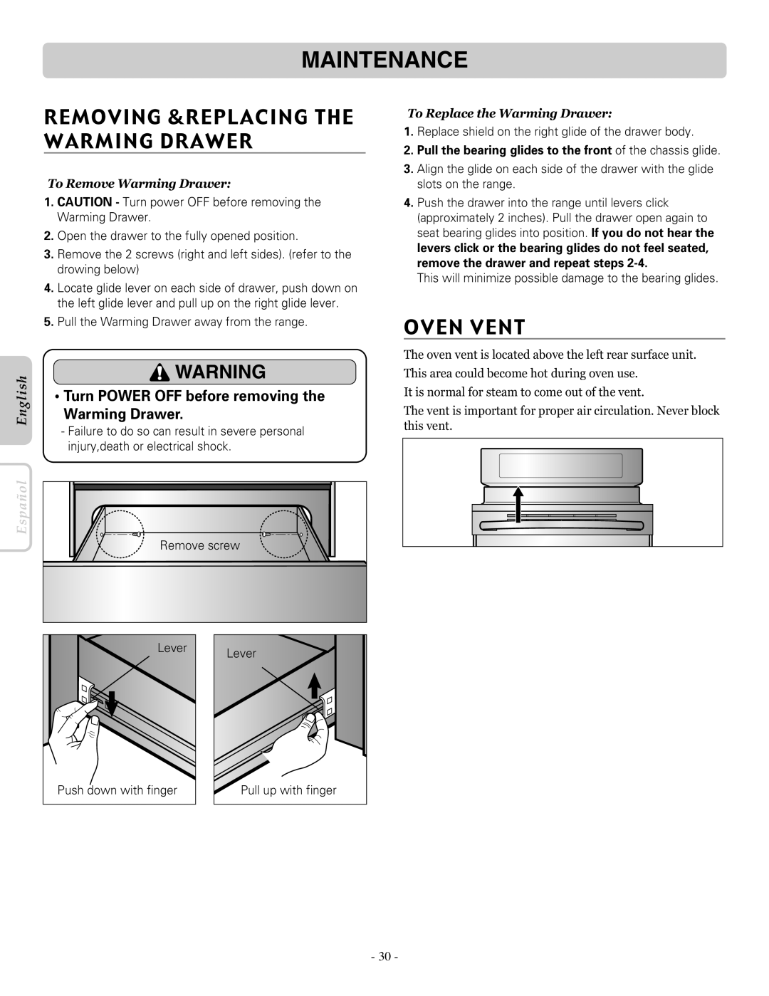 LG Electronics LRE30757SW Maintenance, Removing &Replacing The Warming Drawer, Oven Vent, To Remove Warming Drawer 