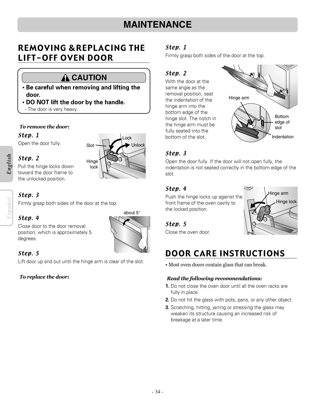 LG Electronics LRE30757ST Removing &Replacing The Lift-Offoven Door, Door Care Instructions, To remove the door, English 