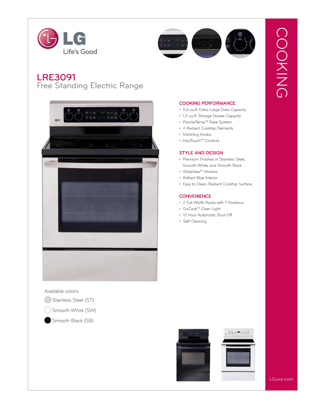 LG Electronics LRE3091 manual Free Standing Electric Range, Cooking Performance, StylE and Design, Convenience 