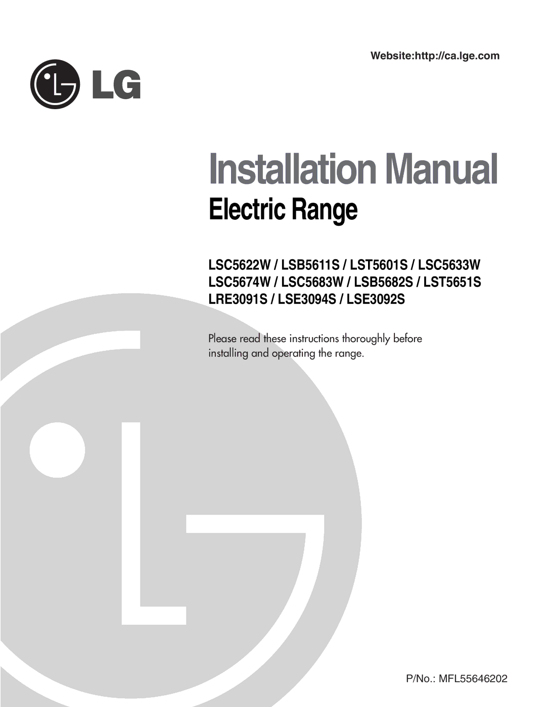 LG Electronics LST5601S, LRE3091S, LSB5682S, LSC5633W, LSC5622W, LSE3094S, LSE3092S installation manual Installation Manual 