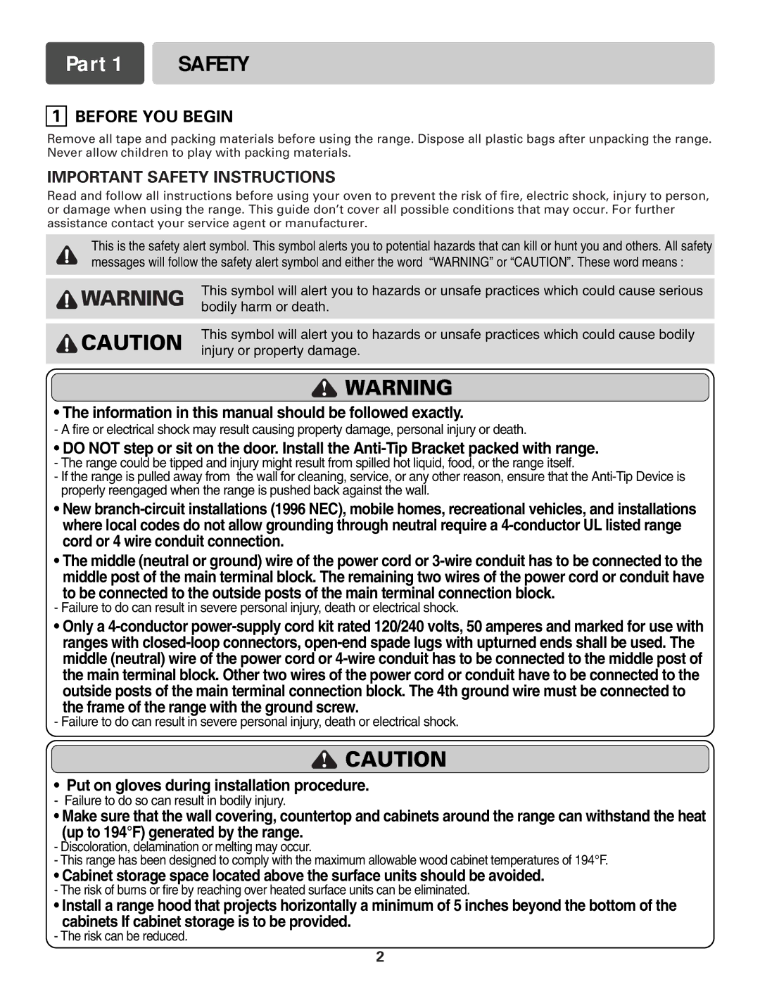 LG Electronics LSB5682S, LRE3091S, LST5601S, LSC5633W, LSC5622W, LSE3094S Before YOU Begin, Important Safety Instructions 