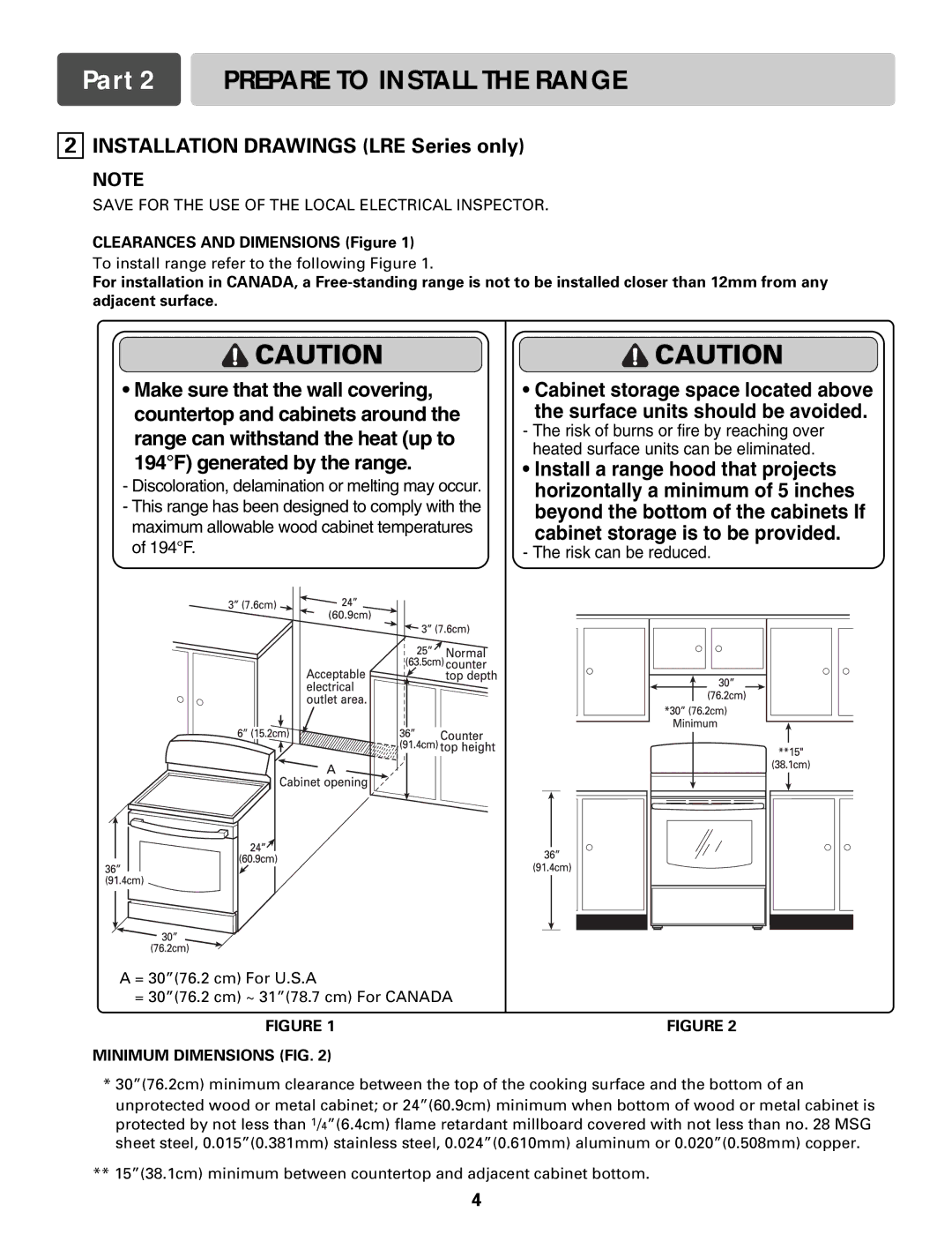 LG Electronics LSC5622W, LRE3091S, LST5601S Part 2 Prepare to Install the Range, Installation Drawings LRE Series only 