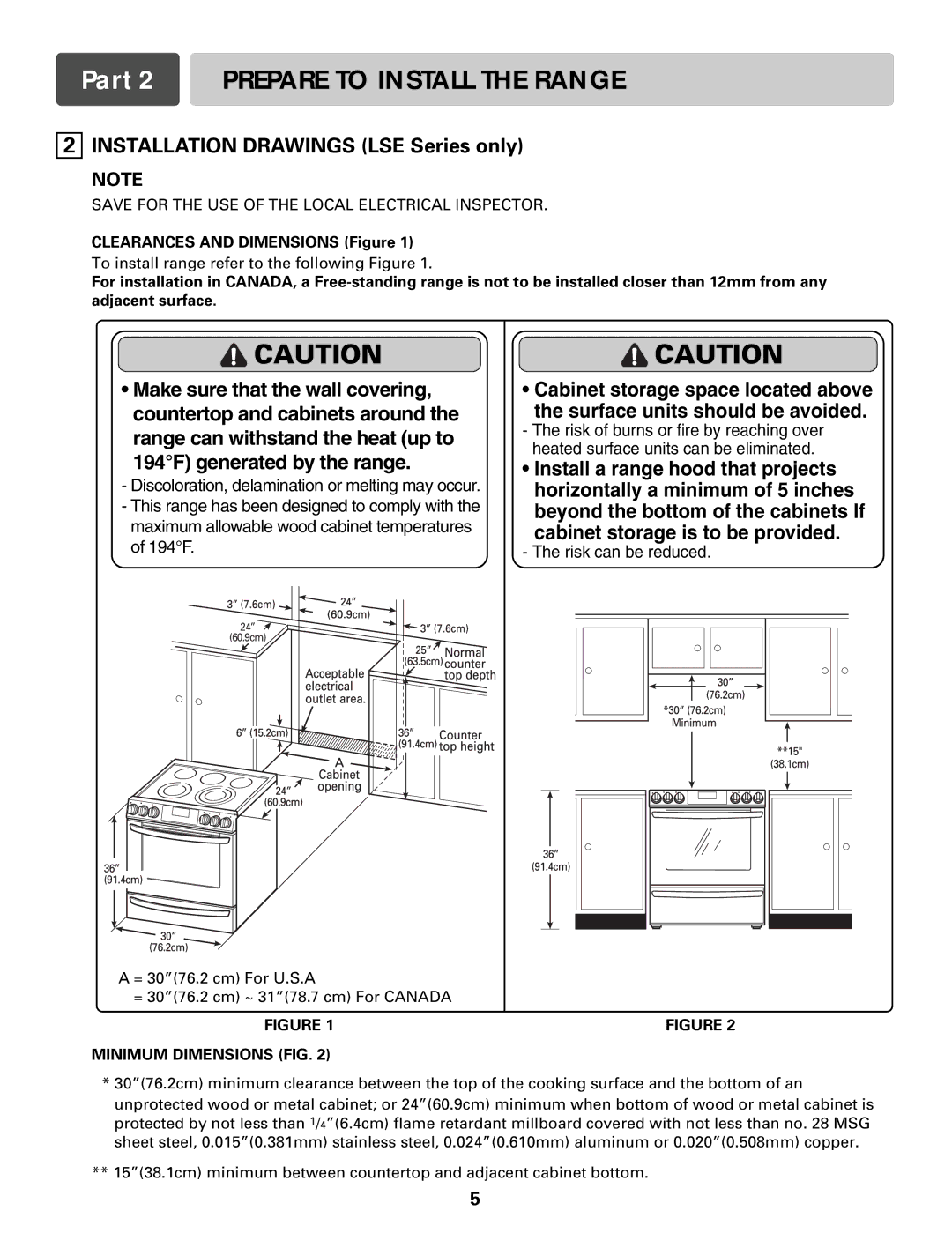 LG Electronics LSE3094S, LRE3091S, LST5601S, LSB5682S, LSC5633W, LSC5622W, LSE3092S Installation Drawings LSE Series only 