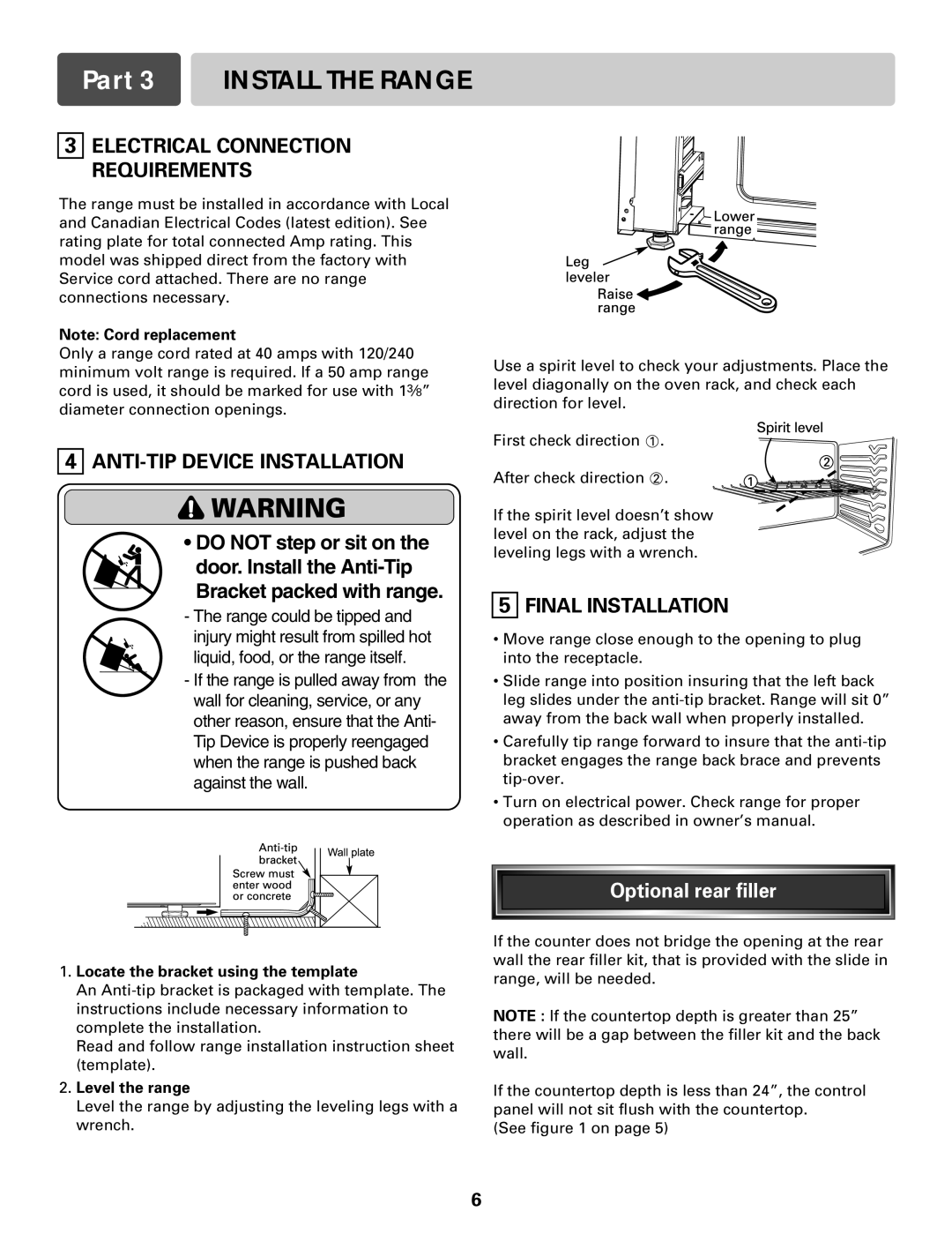 LG Electronics LSE3092S Part 3 Install the Range, Electrical Connection Requirements, ANTI-TIP Device Installation 