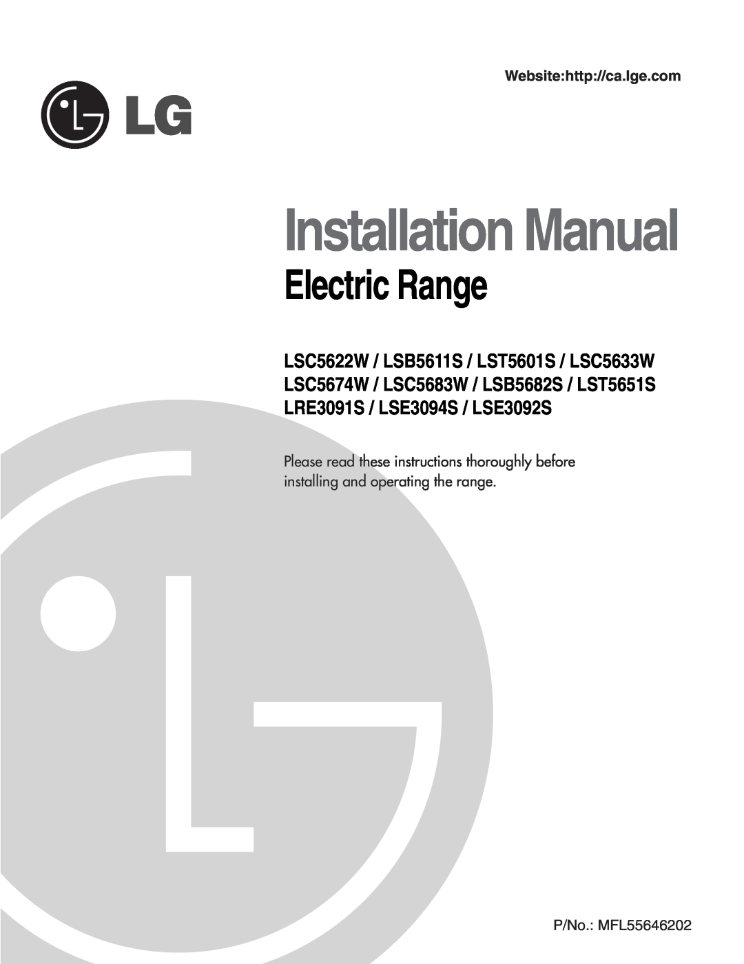 LG Electronics LRE3091S installation manual Electric Range, Installation Manual, Models, LRE30955S, LSE3094S, LRE30855S 