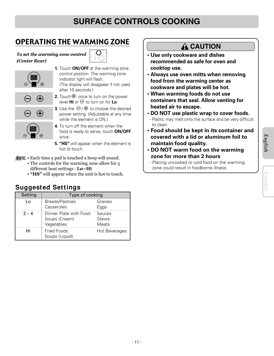 LG Electronics LRE30955ST Operating the Warming Zone, Suggested Settings, To set the warming zone control Center Rear 