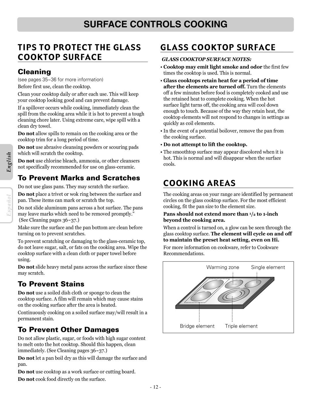 LG Electronics LRE30955ST owner manual Tips to Protect the Glass Cooktop Surface, Cooking Areas 