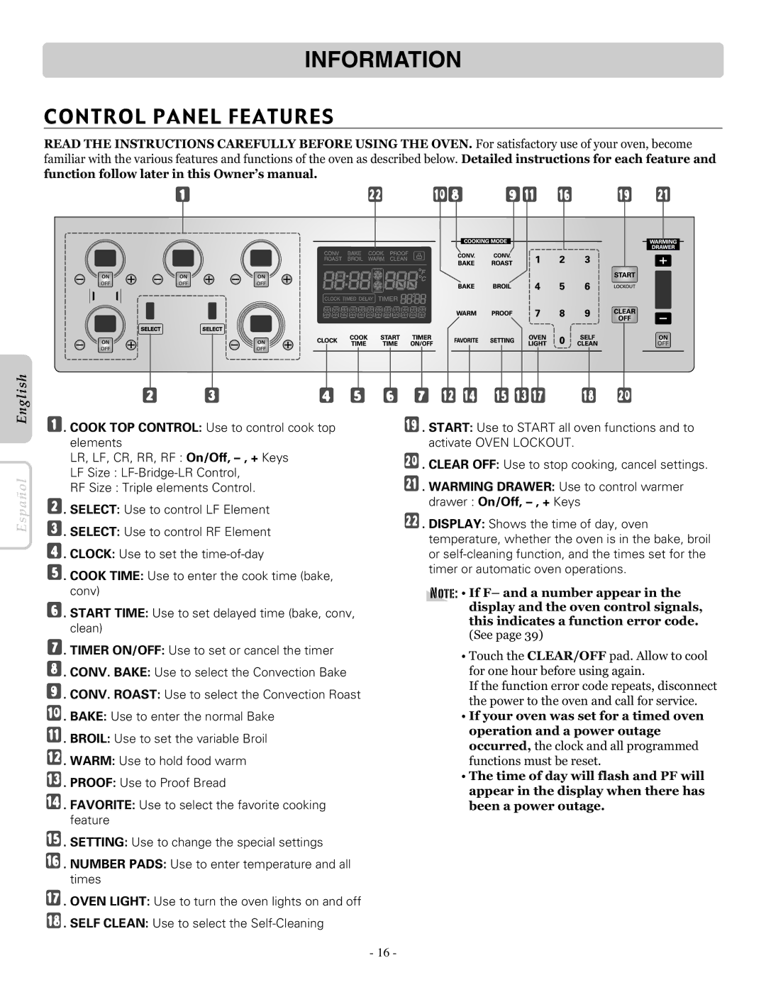 LG Electronics LRE30955ST owner manual Control Panel Features 