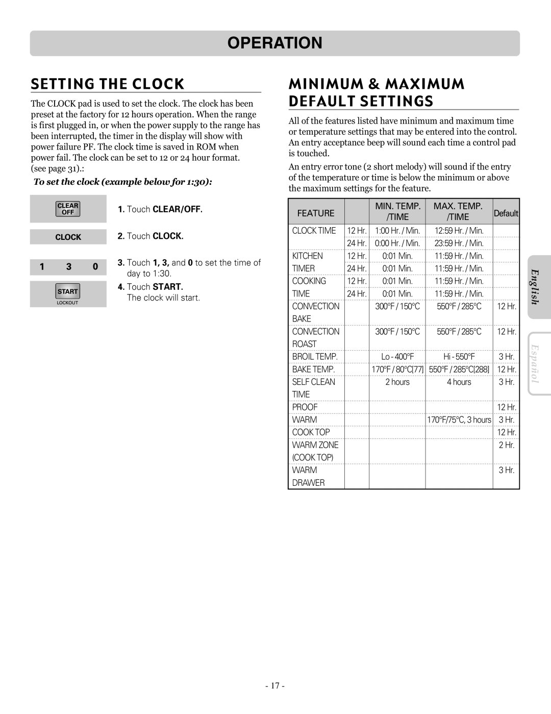 LG Electronics LRE30955ST Operation, Setting the Clock, Minimum & Maximum Default Settings, Touch CLEAR/OFF Touch Clock 