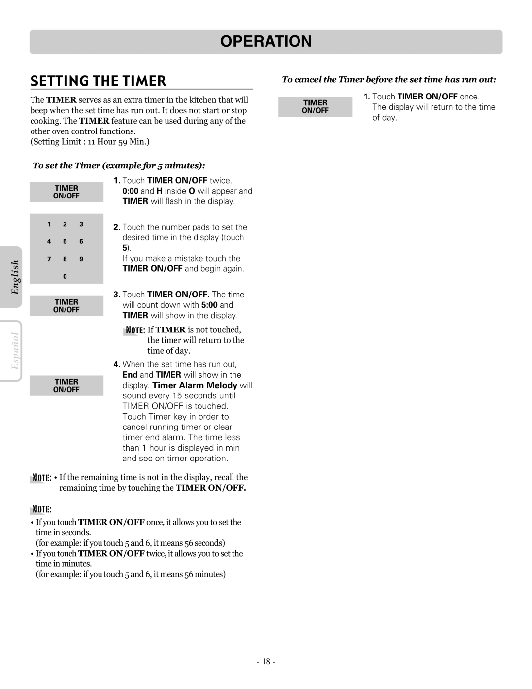 LG Electronics LRE30955ST owner manual Setting the Timer, To set the Timer example for 5 minutes, Touch Timer ON/OFF twice 