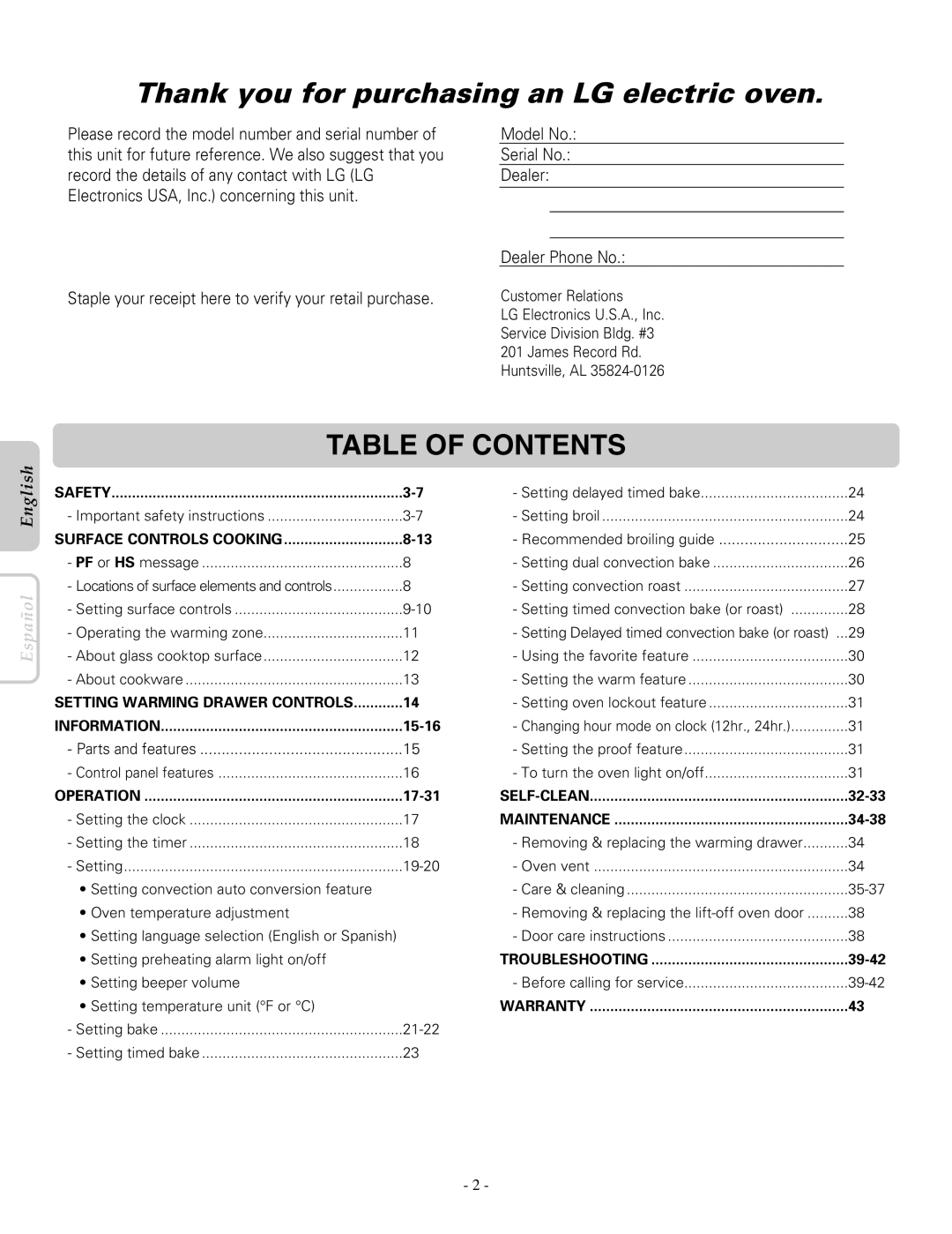 LG Electronics LRE30955ST owner manual Thank you for purchasing an LG electric oven, Table of Contents 