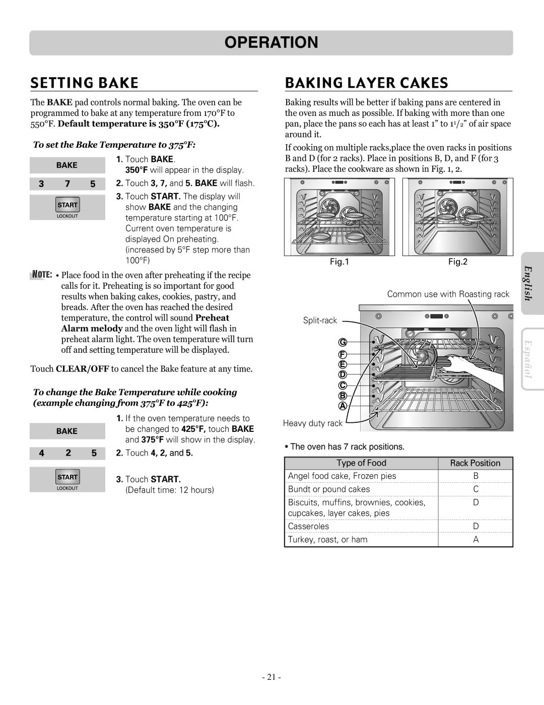 LG Electronics LRE30955ST Setting Bake, Baking Layer Cakes, To set the Bake Temperature to 375F, Touch 4, 2, Touch Start 