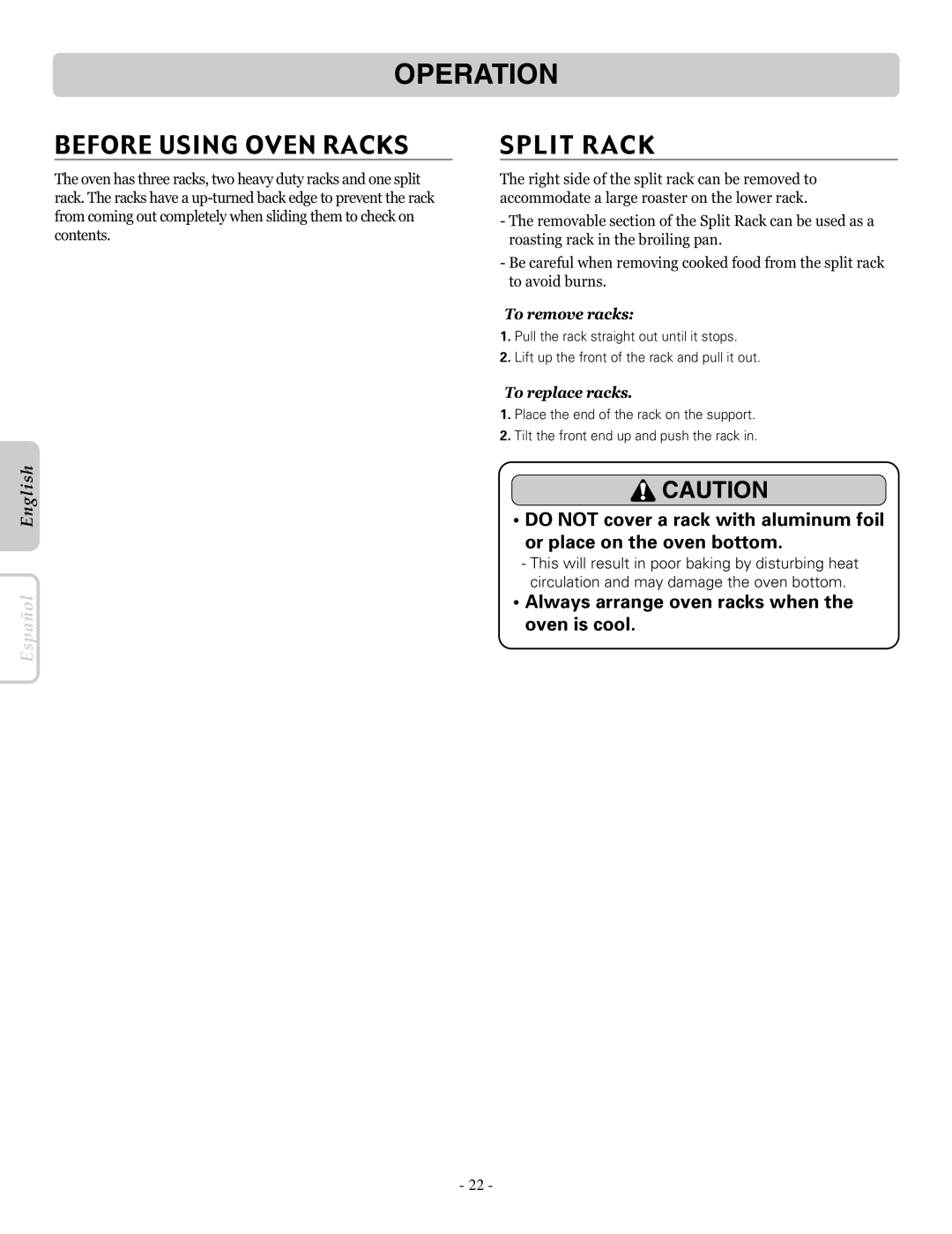 LG Electronics LRE30955ST owner manual Before Using Oven Racks, Split Rack, To remove racks, To replace racks 