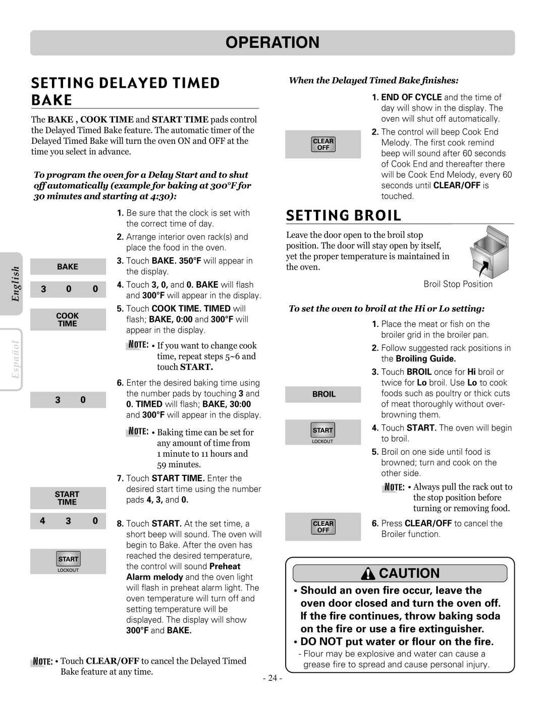 LG Electronics LRE30955ST owner manual Setting Delayed Timed Bake, Setting Broil, Minutes and starting at 