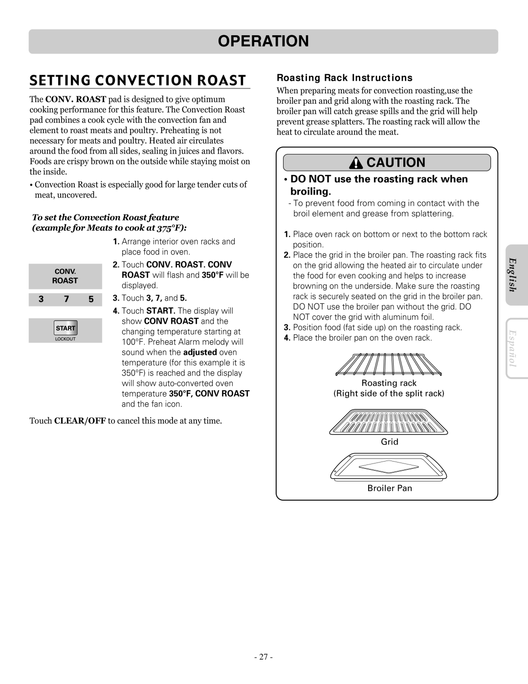 LG Electronics LRE30955ST owner manual Setting Convection Roast, Do not use the roasting rack when broiling, Broiler Pan 