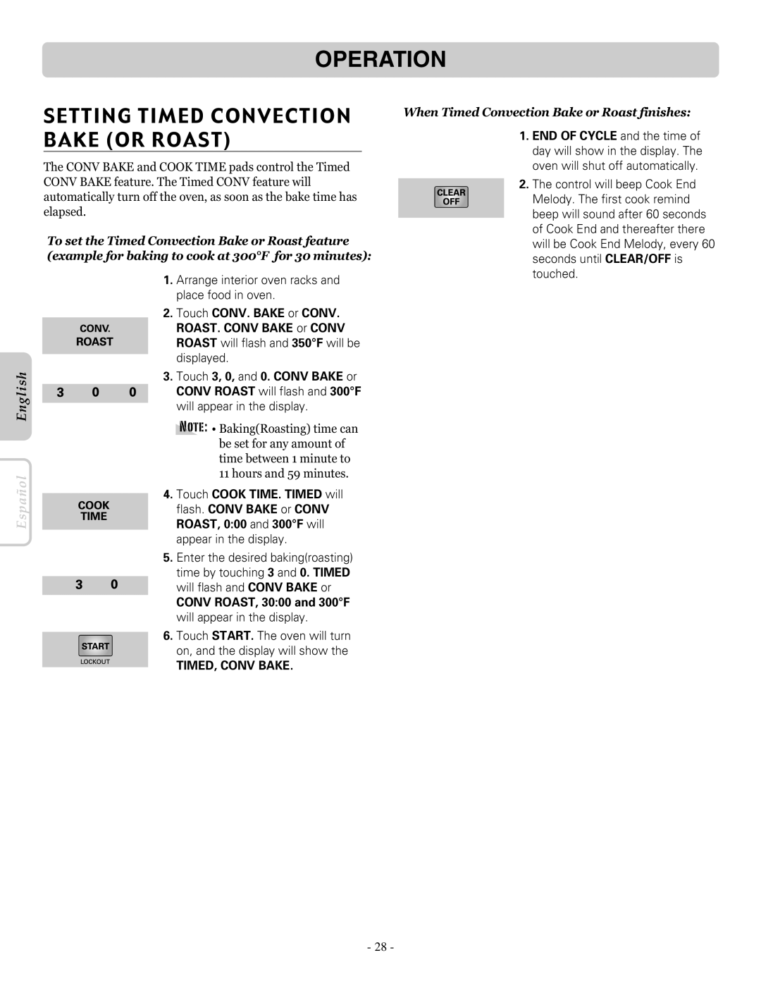 LG Electronics LRE30955ST Setting Timed Convection Bake or Roast, Conv ROAST, 3000 and 300F will appear in the display 