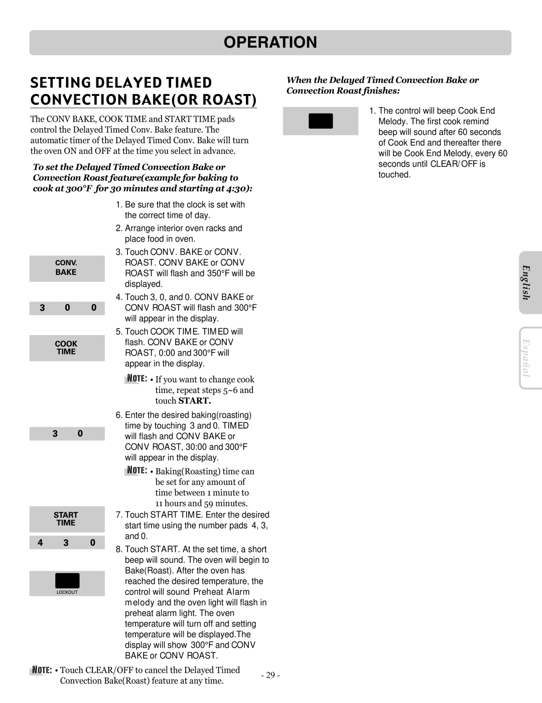 LG Electronics LRE30955ST Setting Delayed Timed Convection Bakeor Roast, Convection BakeRoast feature at any time 