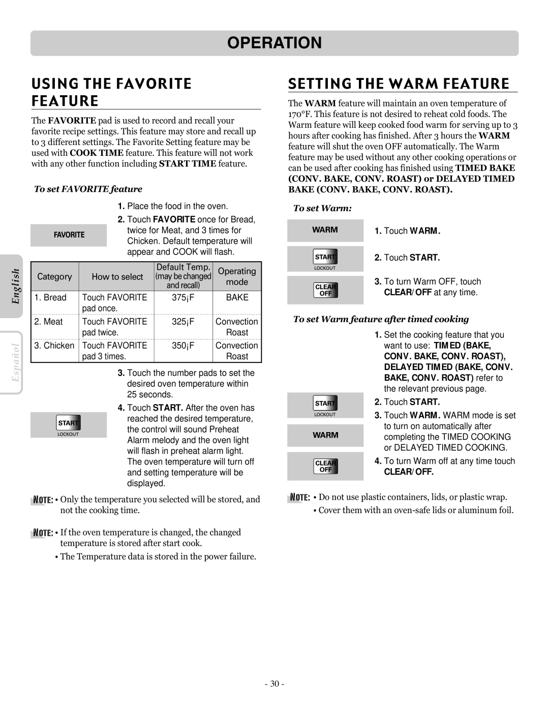 LG Electronics LRE30955ST Using the Favorite Feature, Setting the Warm Feature, To set Favorite feature, To set Warm 