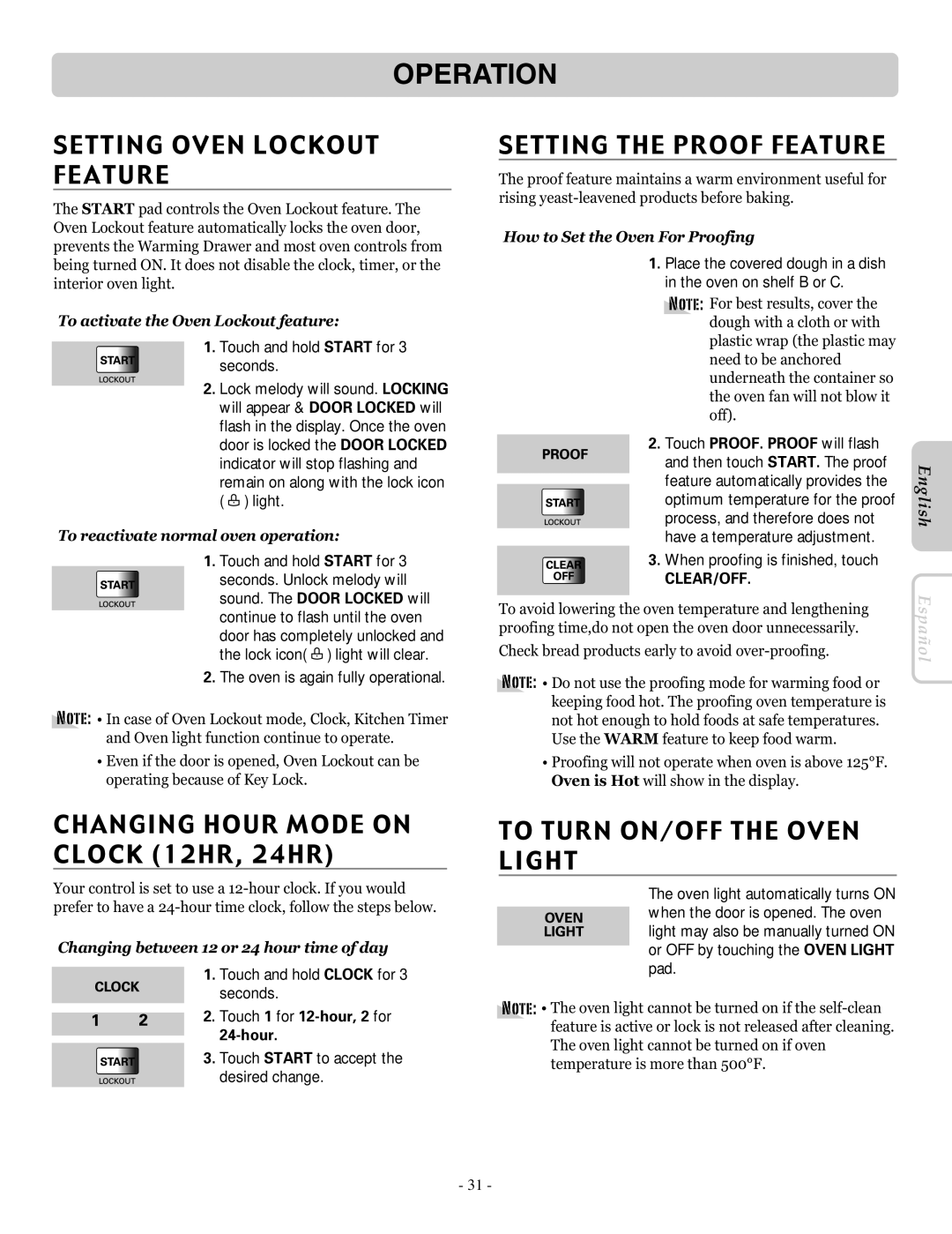 LG Electronics LRE30955ST Setting Oven Lockout Feature, Changing Hour Mode on Clock 12HR, 24HR, Setting the Proof Feature 